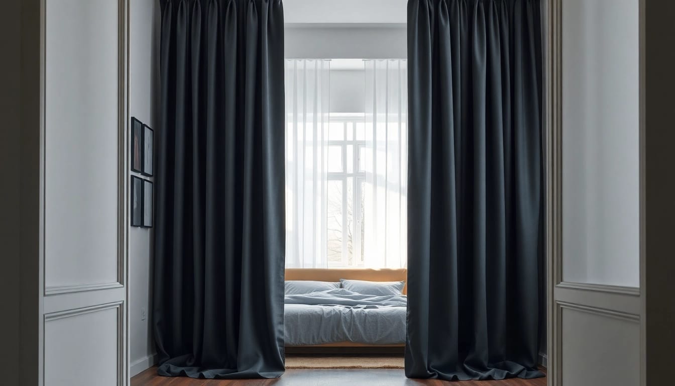 Verduisterende gordijnen in een moderne slaapkamer creëren een serene en comfortabele sfeer.