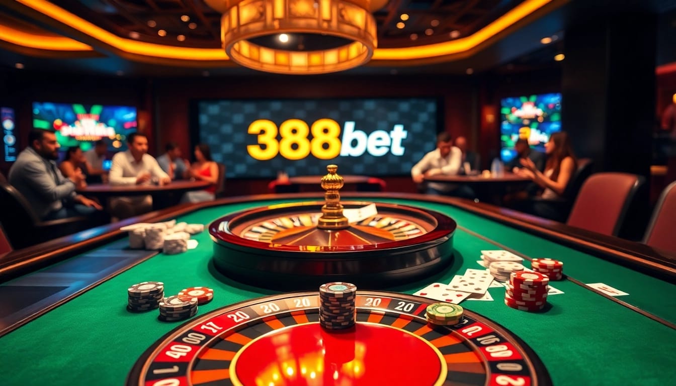 Join the excitement at 388bet with thrilling poker and roulette games in a luxurious casino setting.