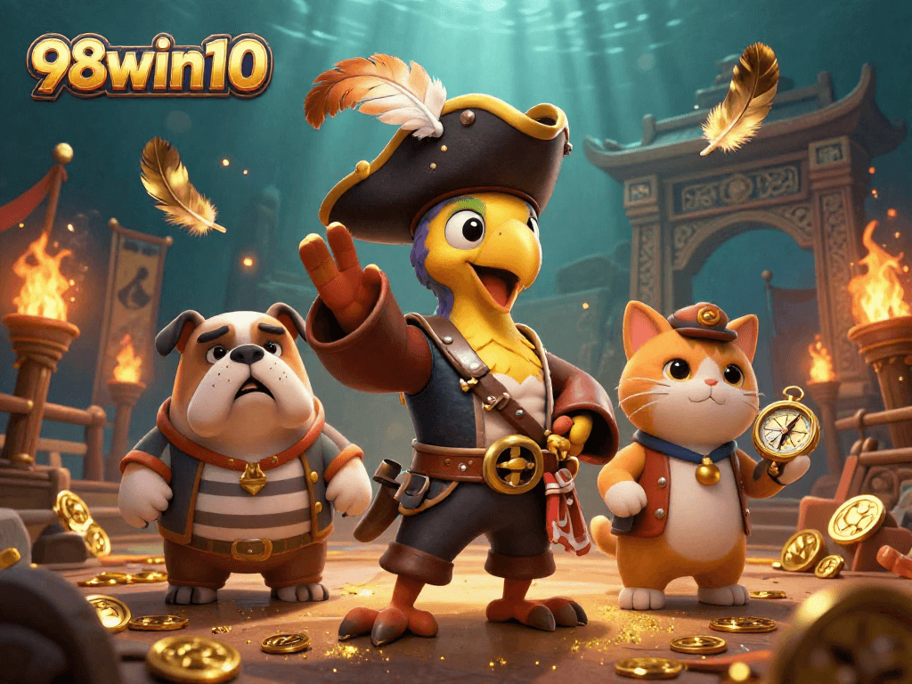 Engage thrillingly with 98win10 in a vibrant underwater casino scene featuring dynamic pirate-themed characters and exciting gaming elements.