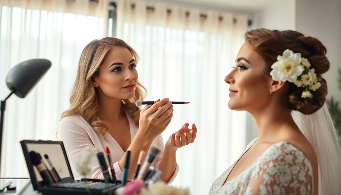 Reveal the artistry of a Northern Virginia makeup artist enhancing bridal beauty in an elegant studio setting.