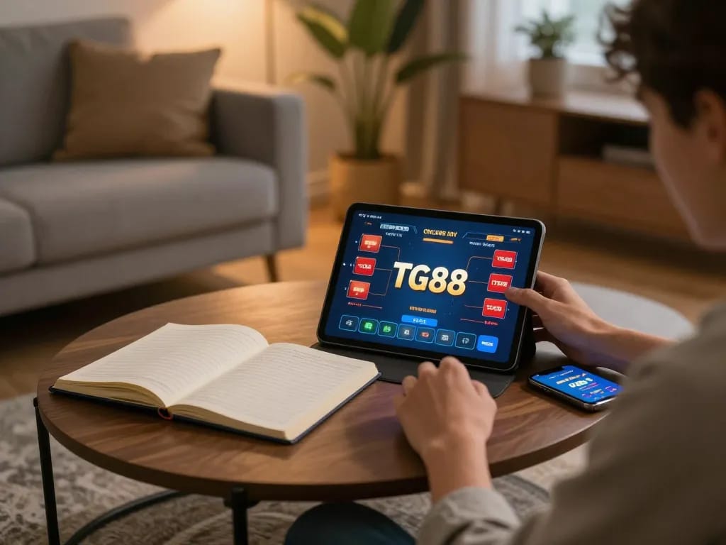 TG88 online gambling app in use during home gaming session, showcasing strategic bet tracking