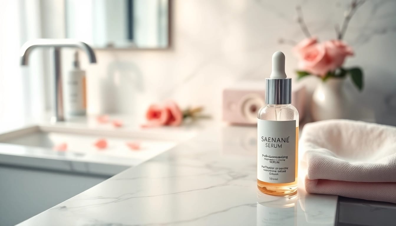 Showcase the best microneedling serum alongside elegant skincare accessories in a bright setting.