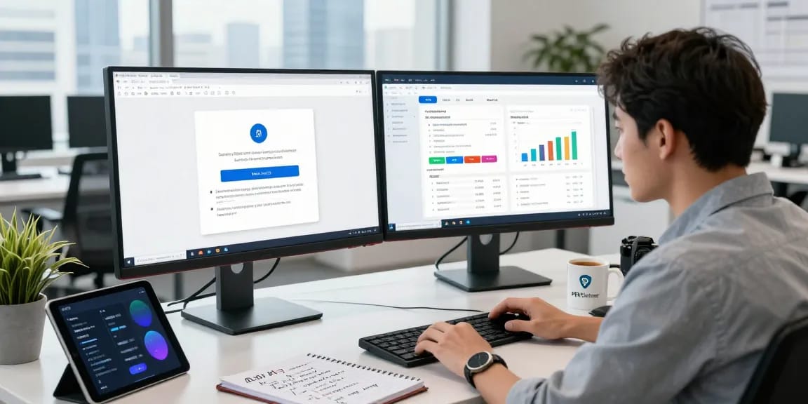 Detect fake PDF technology in action with a data analyst reviewing AI document verification results in a modern workspace.