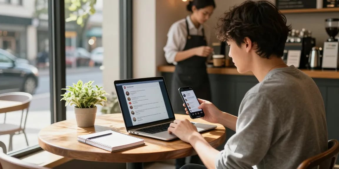 Ein Influencer, der Likes auf Instagram kauft, während er in einem Café sitzt, mit Laptop und Smartphone.