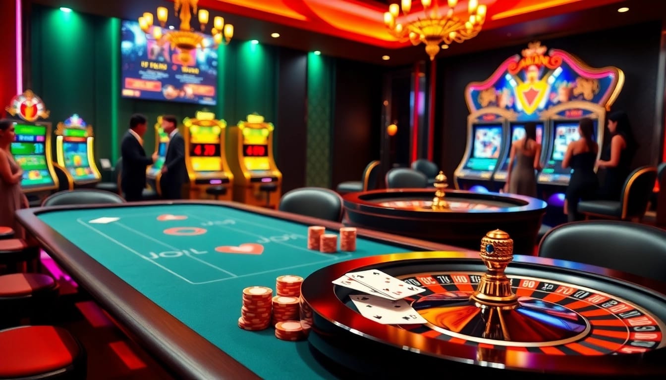 Experience the excitement of Jun88 with elegant gambling tables and vibrant slot machines.