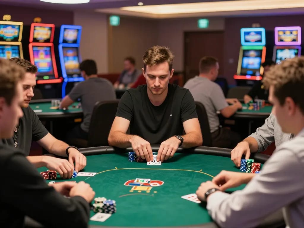Players strategizing and betting during an intense poker game at 8xbet casino, vibrant atmosphere.