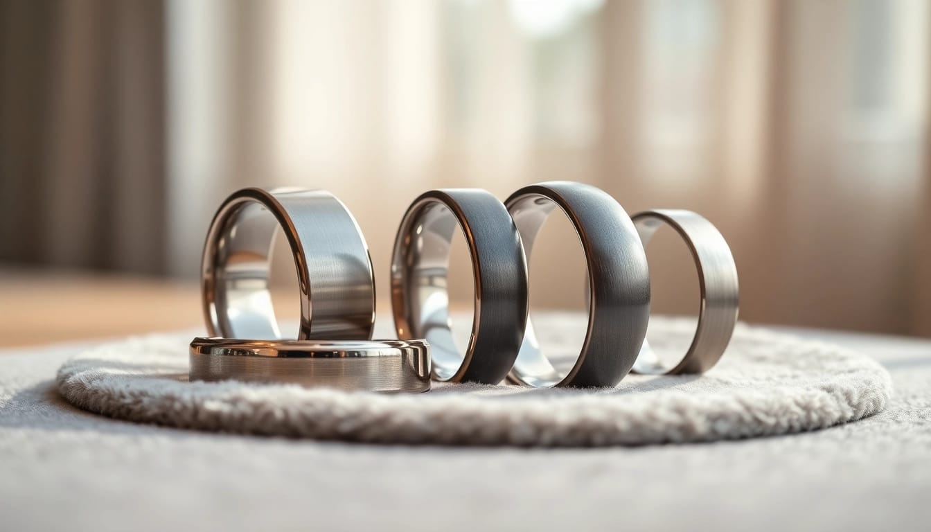 Explore exquisite tungsten wedding bands set against luxury velvet, showcasing unique designs and finishes.