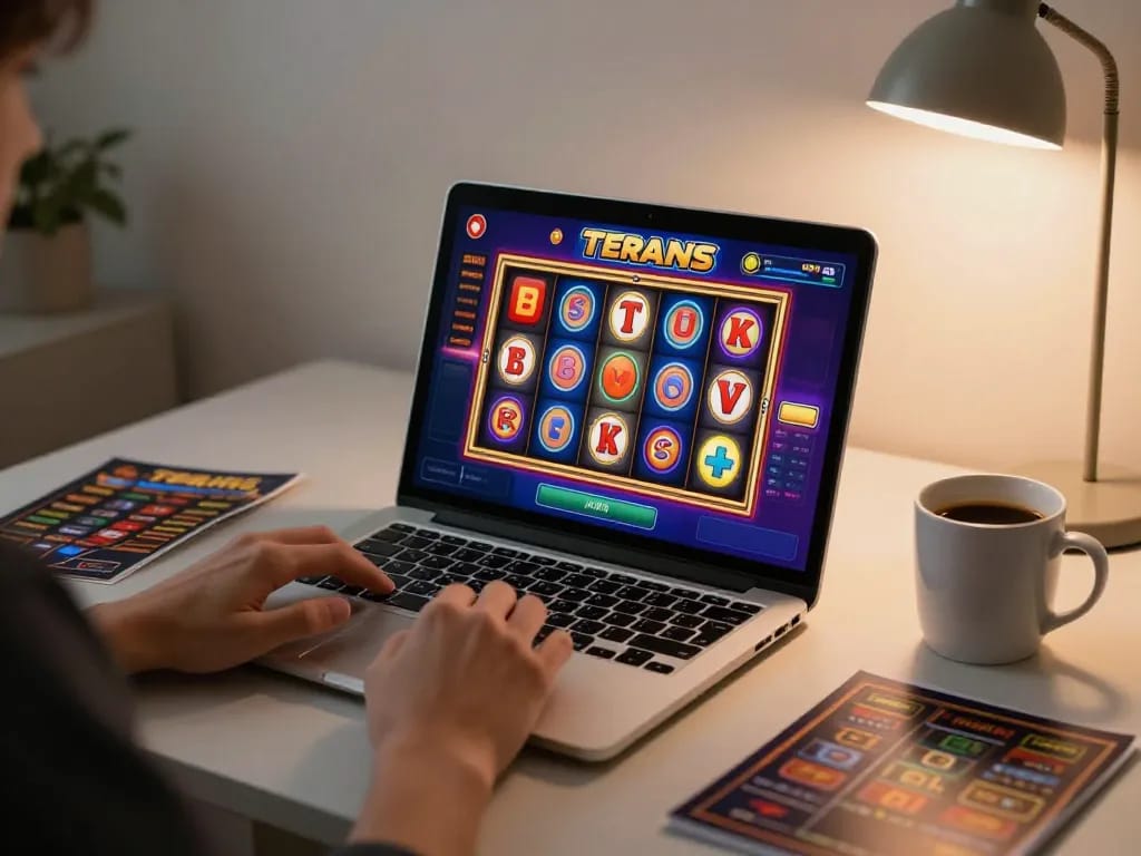 Engaging in online gaming with slot terbaru exhibiting vibrant reels and modern laptop setup.