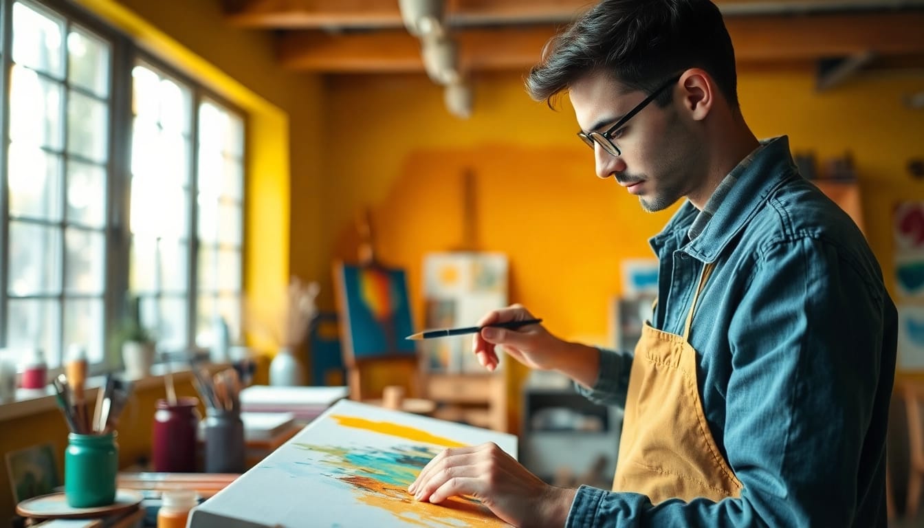 Apprentice engaged in a painting apprenticeship, showcasing hands-on creativity in a bright studio.