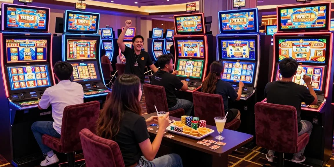 Exciting game night with friends enjoying slot gacor games in a vibrant online casino atmosphere, celebrating big wins and colorful lights.