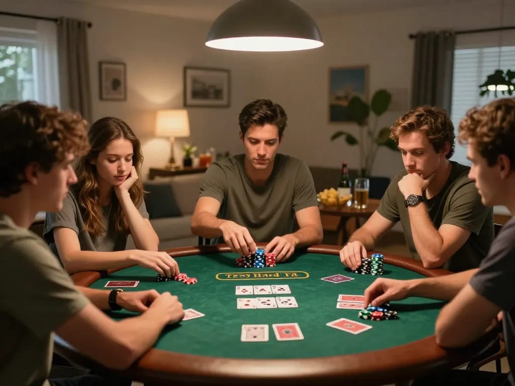 Friends enjoying a poker game at home, highlighting strategic gameplay and the excitement of 98win.