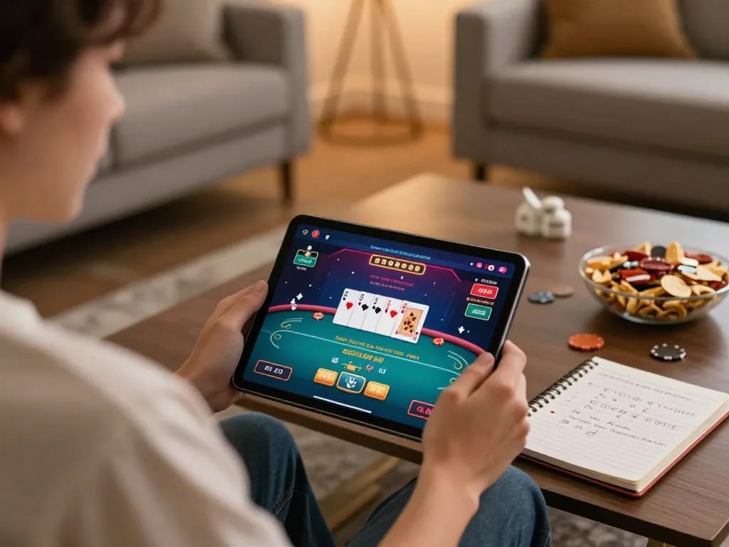 A player engaging in online casino gaming at home with Nhà cái 79king interface visible on the tablet.