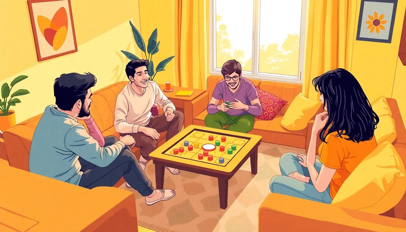 Players enjoying daman games in a cozy atmosphere surrounded by colorful decor.