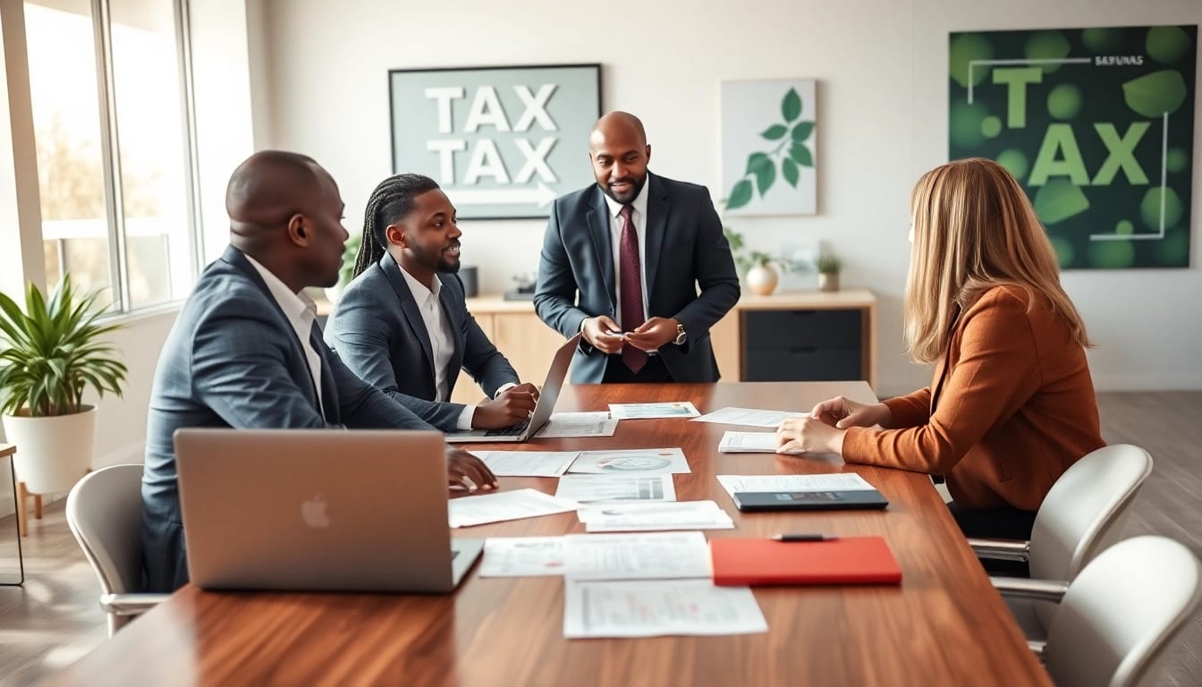 Tax Consultant in Kenya discussing tax strategies with clients in a modern office setting.