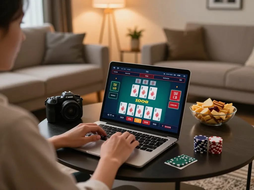 House setting with a player engaged in live blackjack; responsible gambling at Nhà cái TIP88.