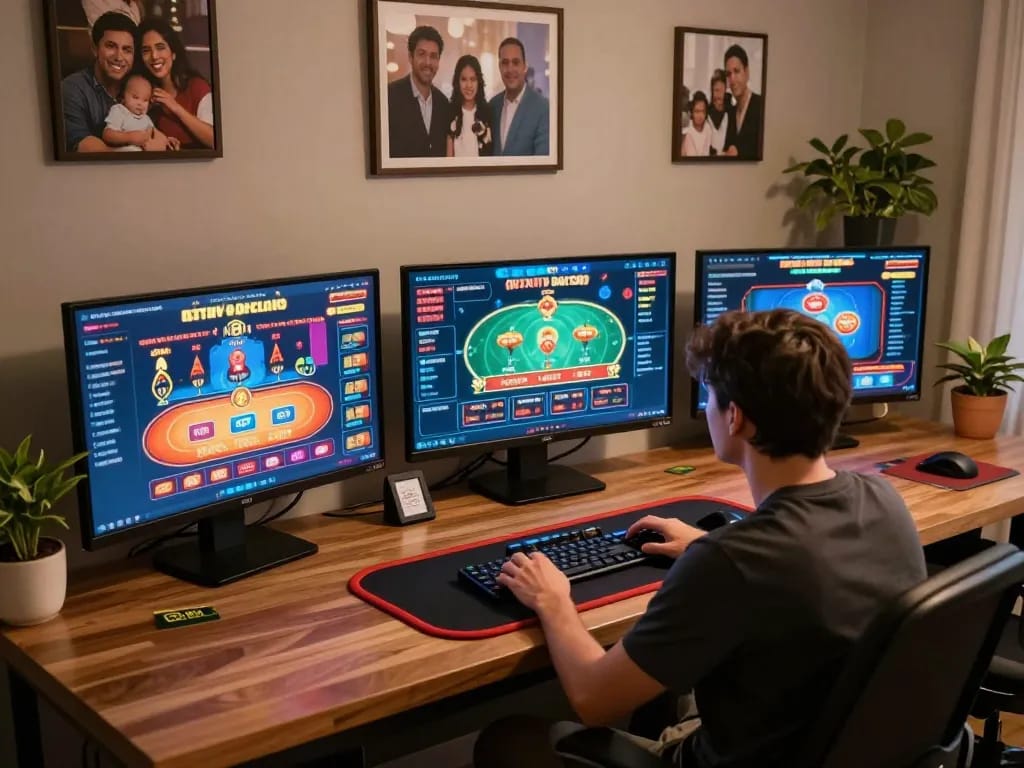 TG88 player using multiple screens to strategize and engage in online casino games.