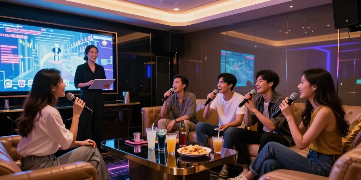 인천쓰리노에서 신나는 노래와 음료를 즐기는 모습, 화려한 조명과 고급스러운 인테리어가 돋보임