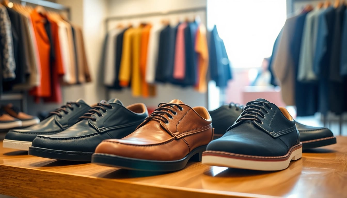 Zapatos casuales para hombre exhibidos en una tienda moderna, resaltando su estilo y comodidad.