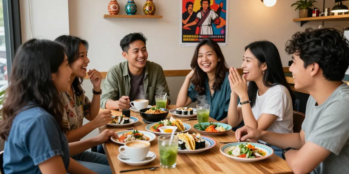 Cultural scene showing friends enjoying Asian dishes and celebrating Hispanic culture at https://hanadultalk.com.