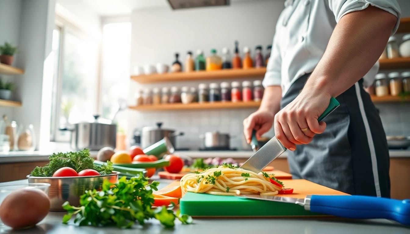Prepare delicious meals with dishfacts in a vibrant kitchen, showcasing fresh ingredients and cookware.