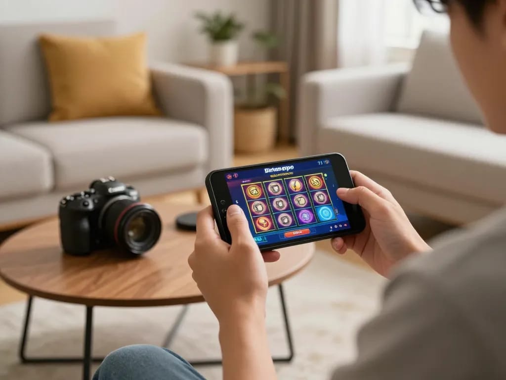 Pemain Bintangmpo terlibat dengan permainan slot mobile di lingkungan rumah yang nyaman, menunjukkan permainan yang bertanggung jawab.