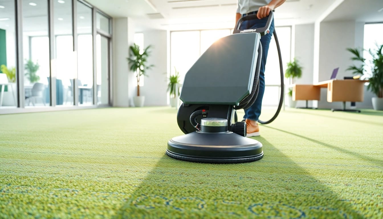 Professional use of commercial carpet cleaners on office carpet for a spotless finish.