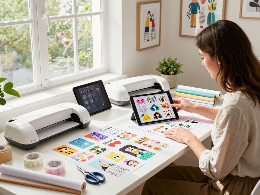 Designer selecting Cricut SVG bundle designs in a vibrant craft studio filled with creative tools.