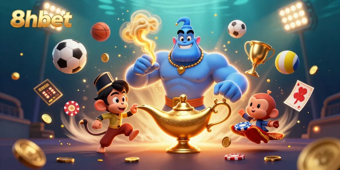 Betting on excitement with 8xbet as a vibrant 3D illustration active scene showcases dynamic sports elements.