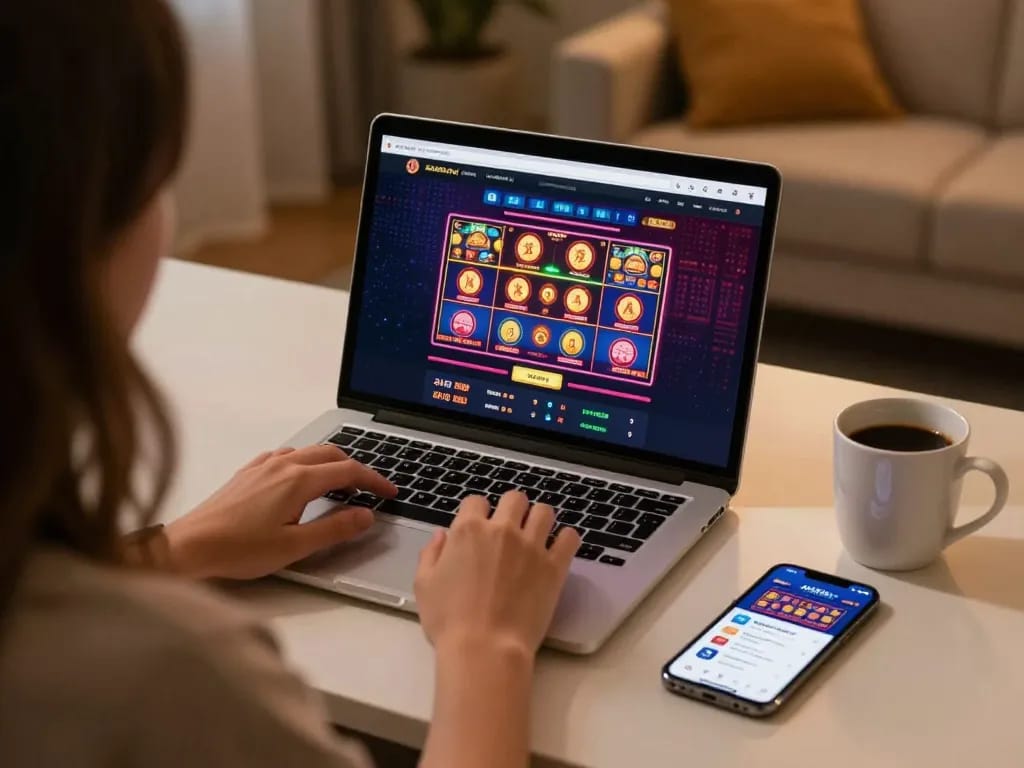 AUDPlay168 user engaging in online pokies gameplay on a laptop in a cozy home office setting.