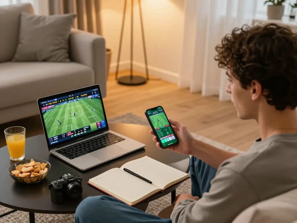 Online sports betting session at home with uu88ae app on smartphone showing betting lines and match details.