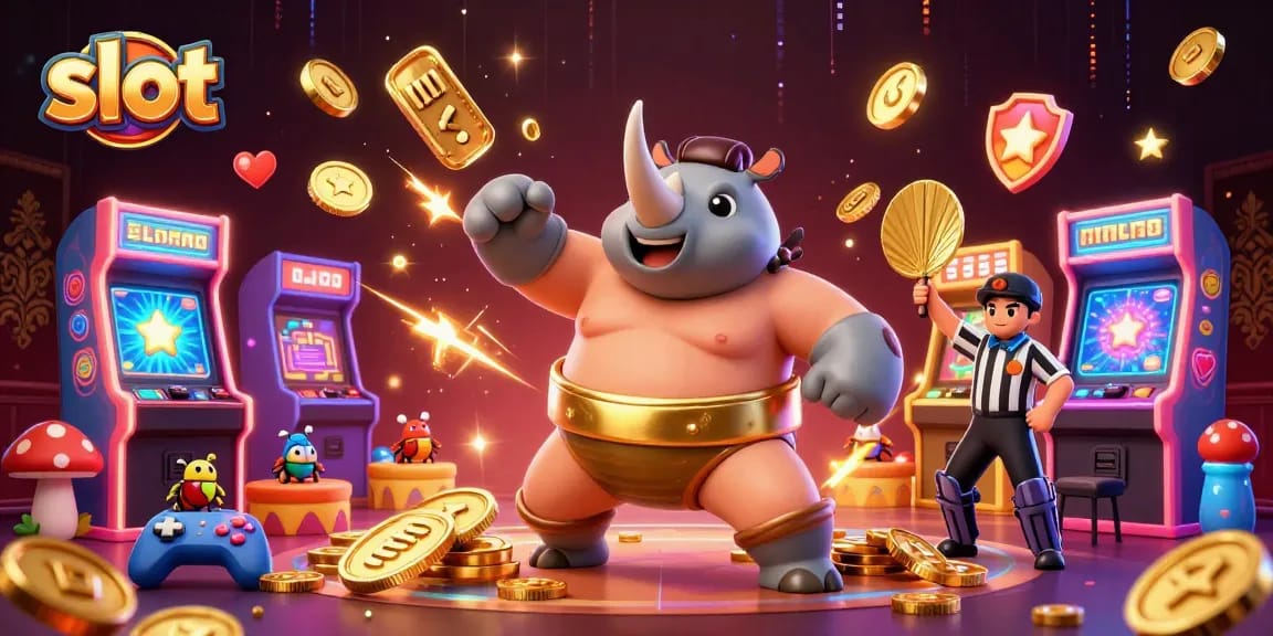 Spin slot reels and collect golden coins in this vibrant 3D casino scene with dynamic characters.
