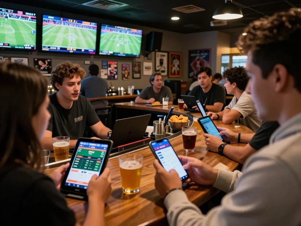 Patrons exploring OKFUN sports betting app at a lively sports bar during game time