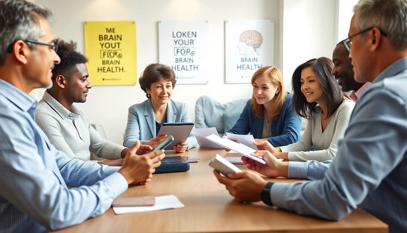 Cognitive test assessment scene with individuals discussing results in a professional setting.