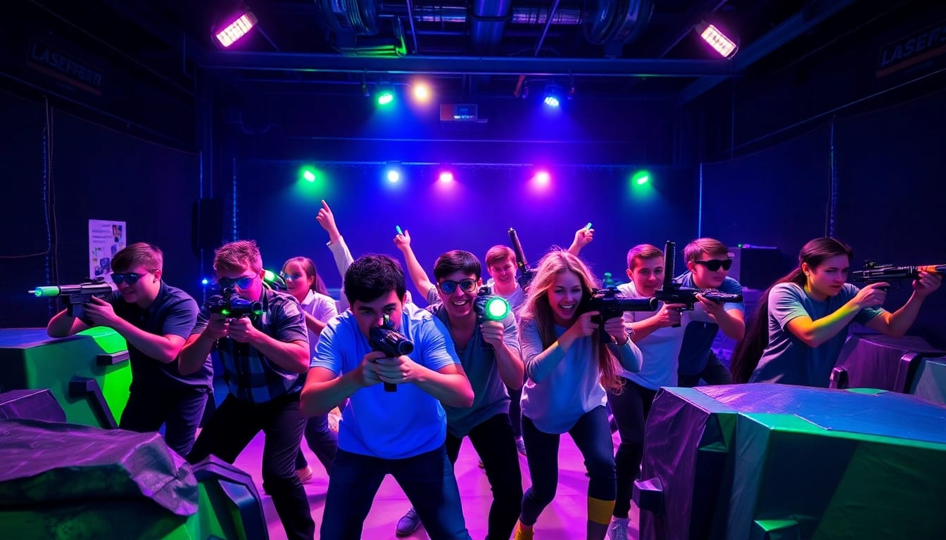 Participants immersed in laser tag battle within a vibrant arena filled with glowing lights.
