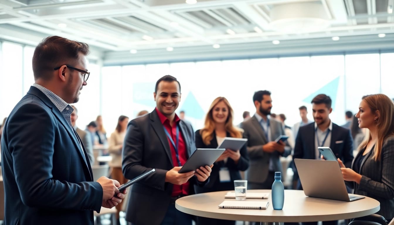 Networking at a venture capital and startup conference with dynamic interactions among entrepreneurs.