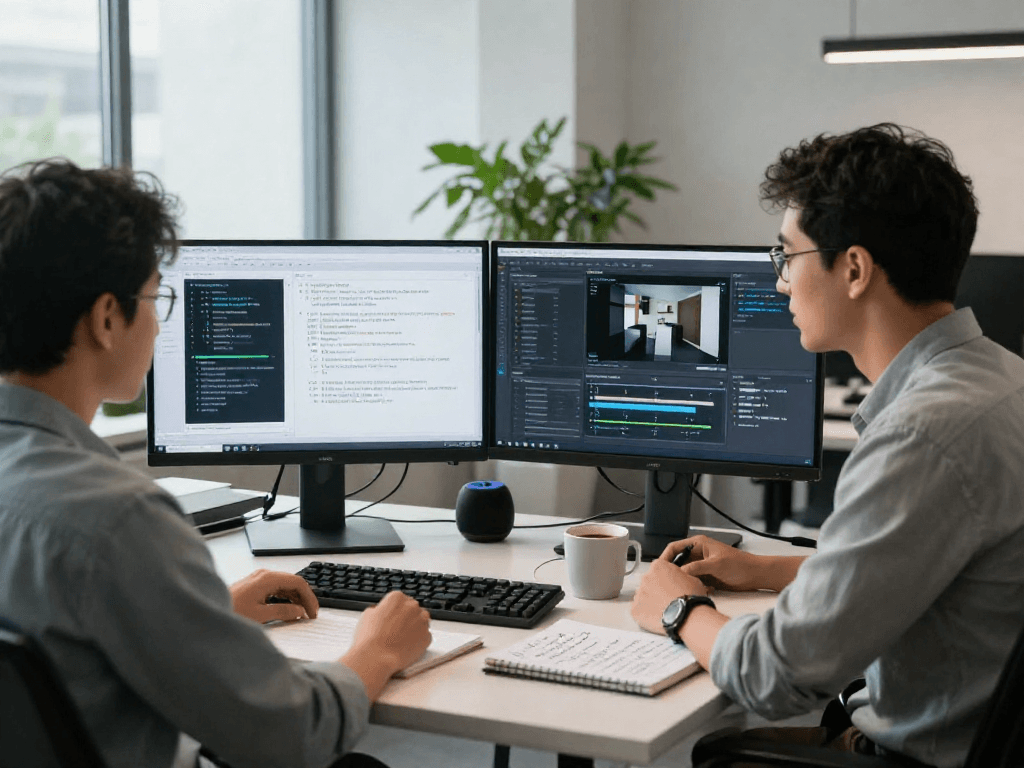 Detect AI image analysis scene in a professional moderation workspace with advanced tech tools.