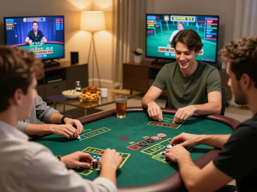 w188 players engaging in live dealer blackjack from home setup, showcasing excitement and interaction.
