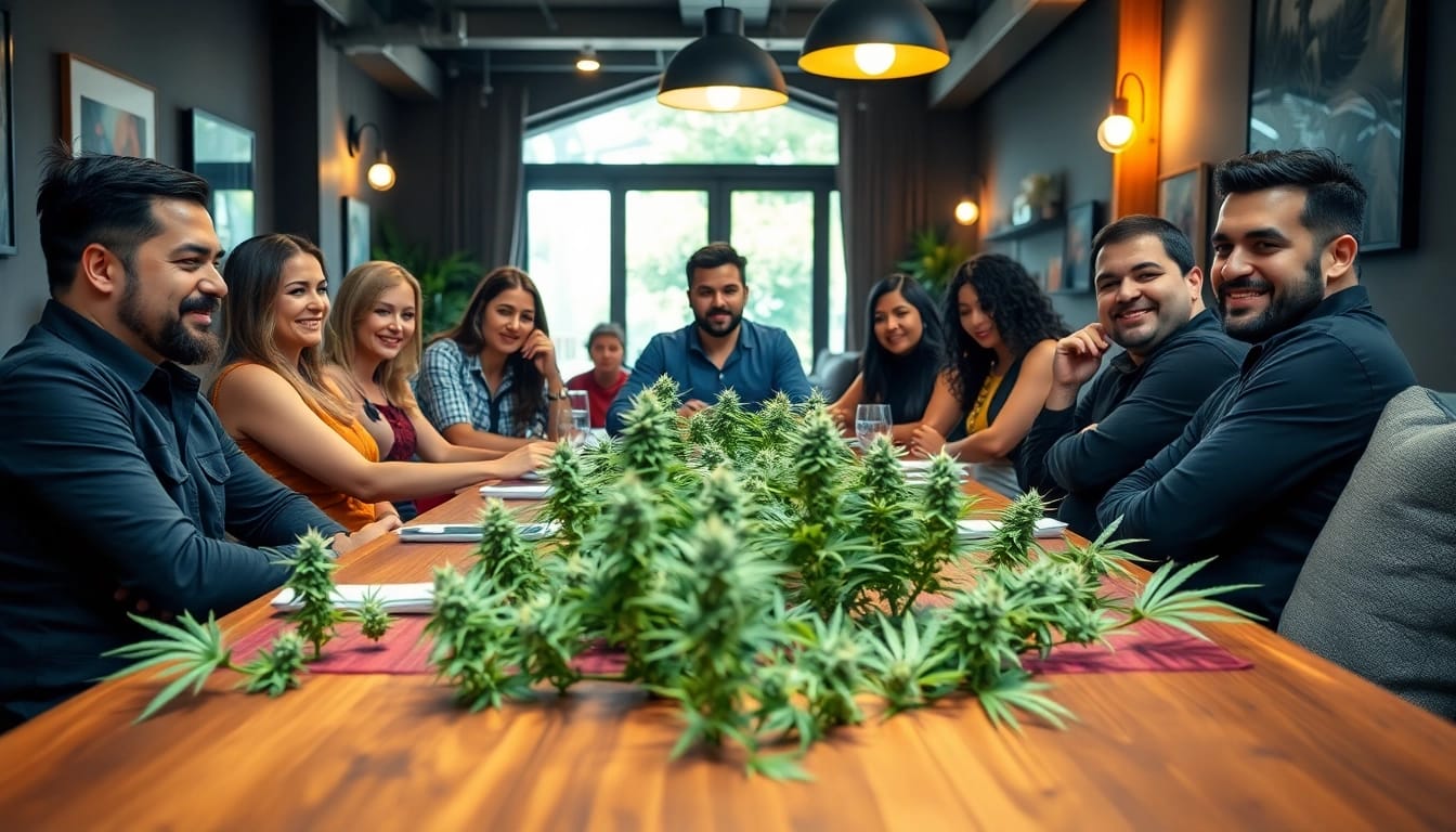 Cannabis enthusiasts enjoying Club Cannabis Madrid in a vibrant, relaxed environment.