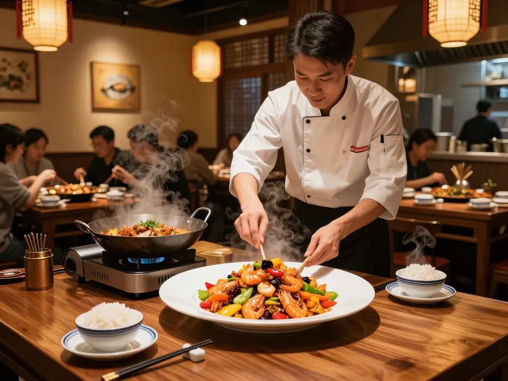 Delicious kung pao shrimp preparation at a cozy Chinese restaurant featuring 88Pulsa branding.