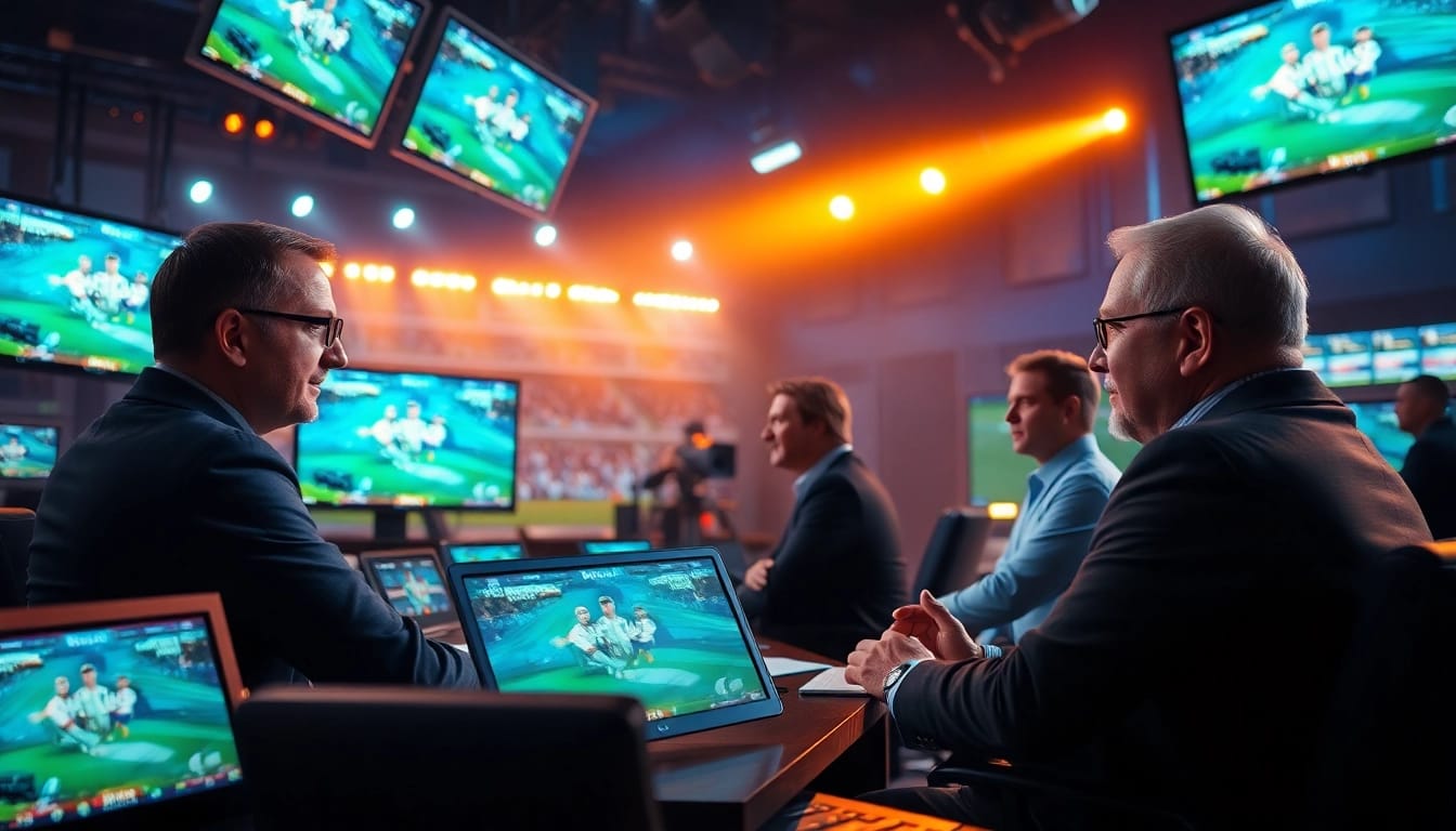 Broadcasting team passionately covers sports broadcasting from a vibrant studio.