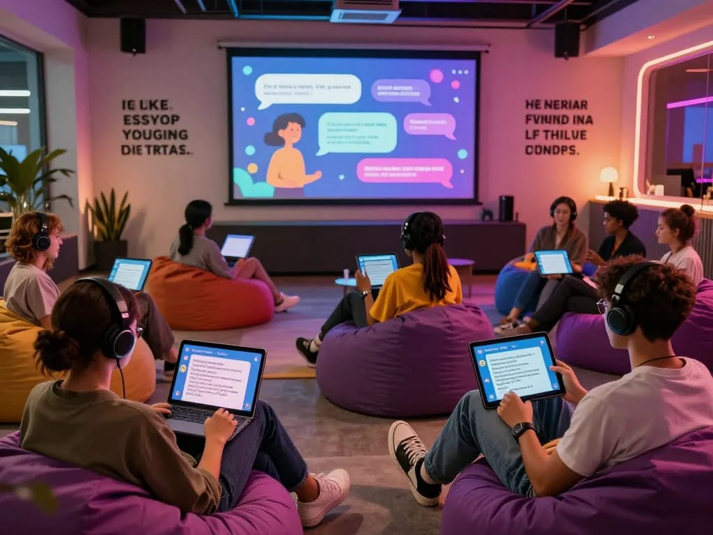 Engaging AI chat nsfw experience in a vibrant digital lounge setting with users interacting via tablets and headphones.