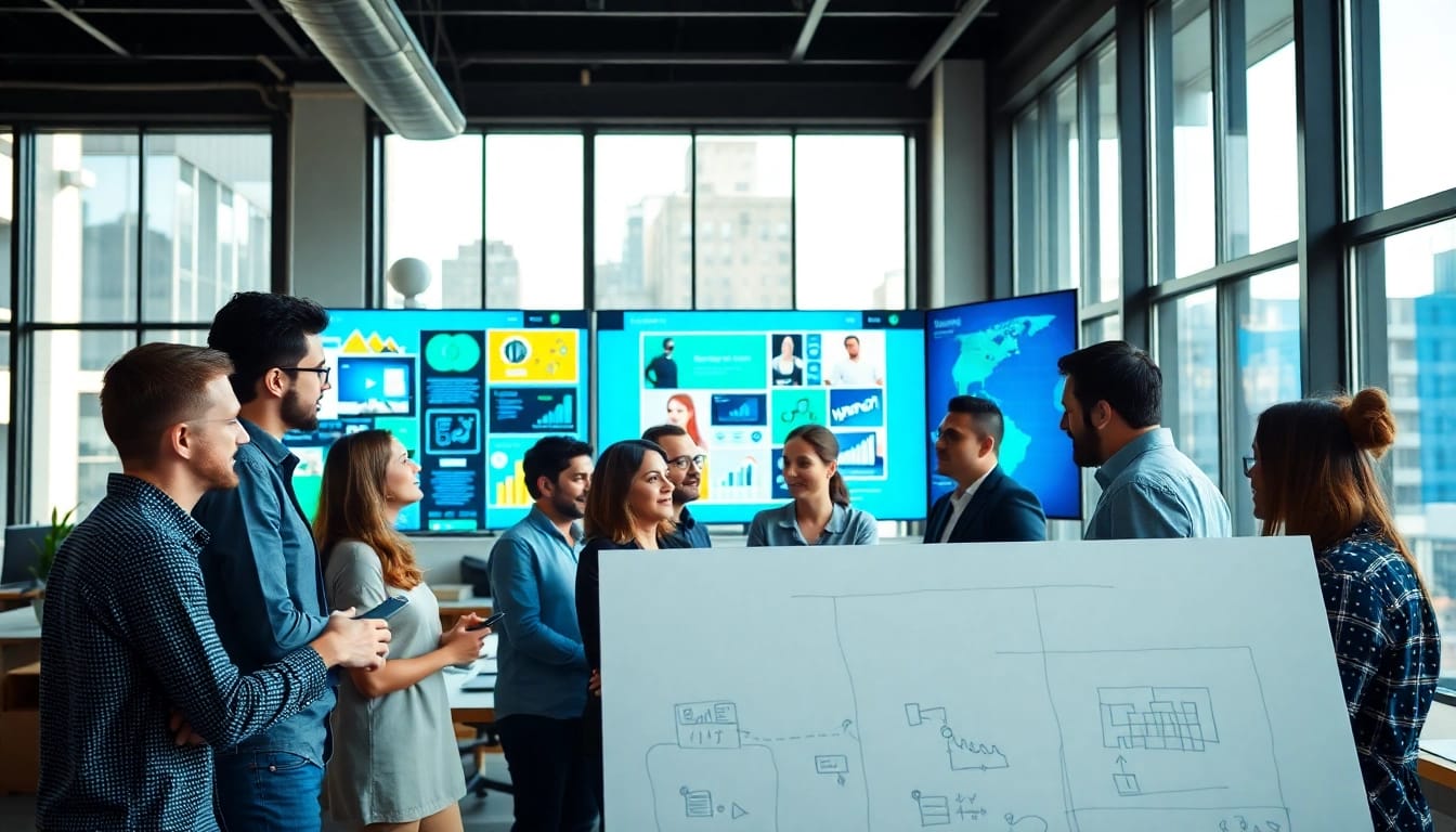 Showcase of web design company team collaborating creatively in a modern office.