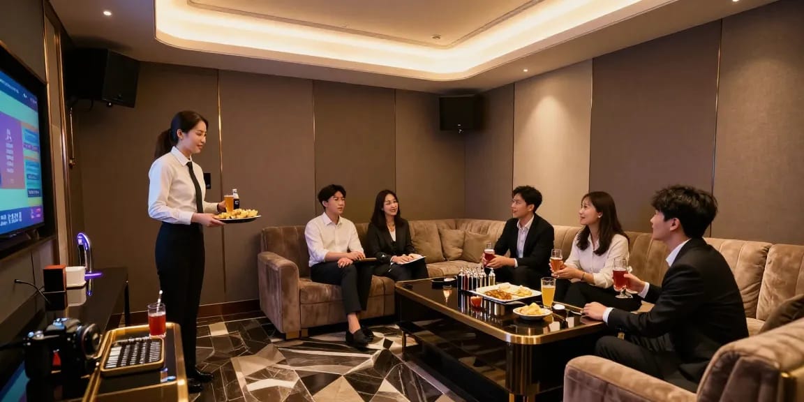 구구단쩜오의 프리미엄 가라오케 룸에서 고객과의 대화와 서비스 과정이 돋보이는 현장 모습