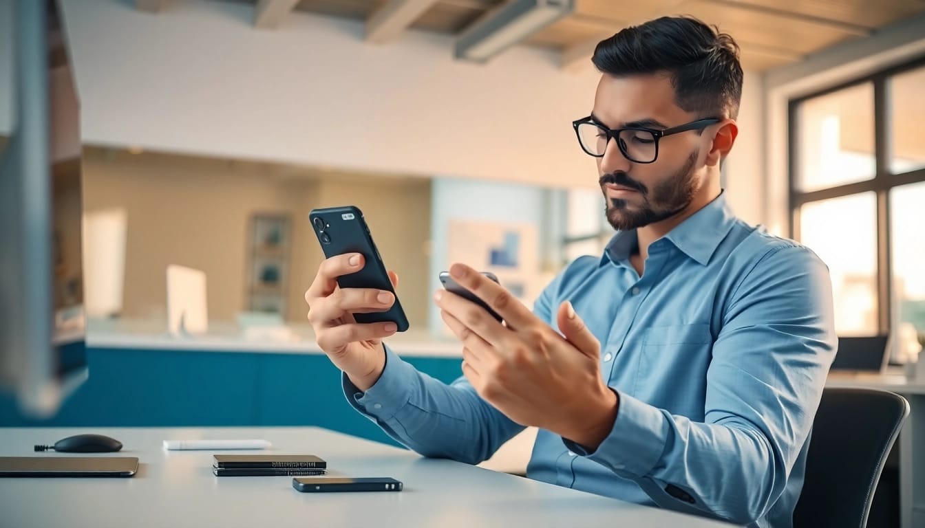 Engaging cash phone buyer evaluating smartphones in a professional office.