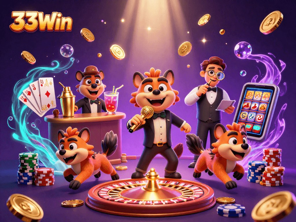 33Win hyena comedians delight in a vibrant casino scene with golden coins and roulette fun.
