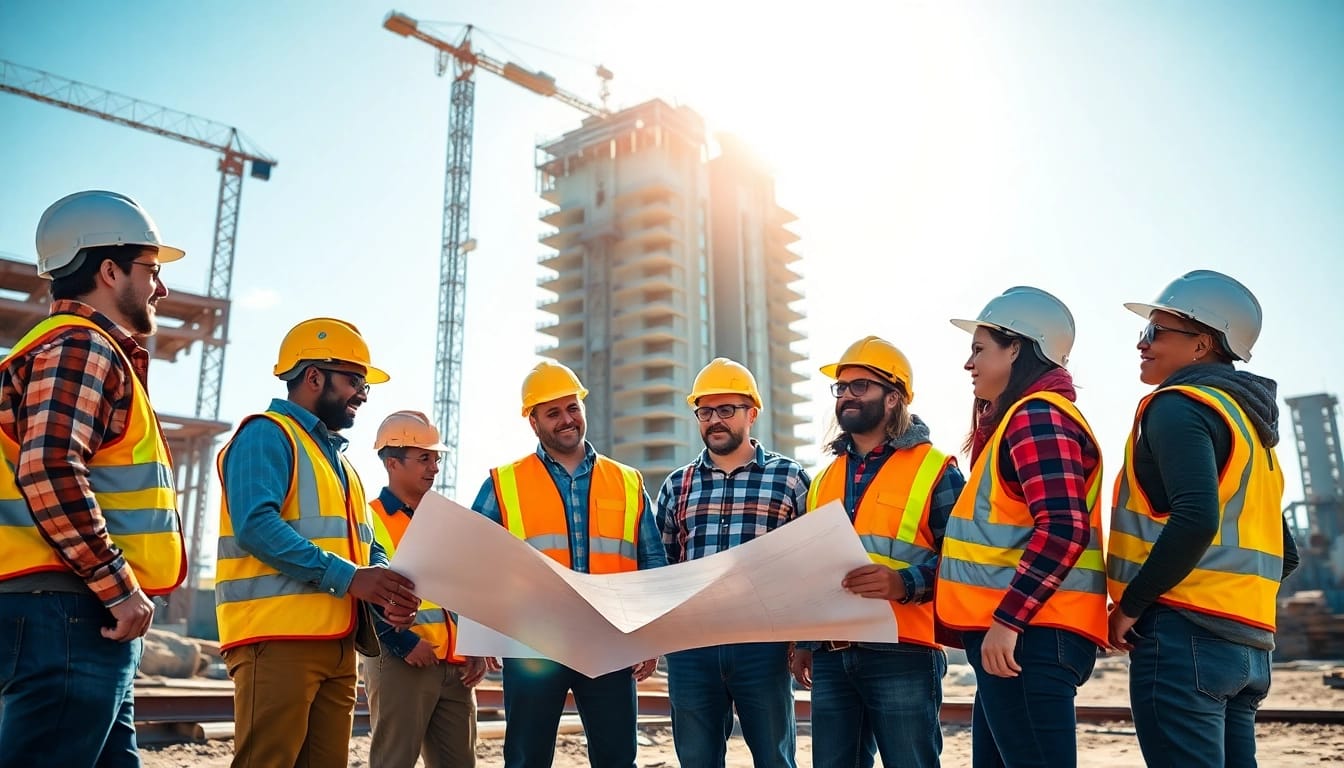 Engaged workers in a construction career planning at a building site with a skyscraper backdrop.