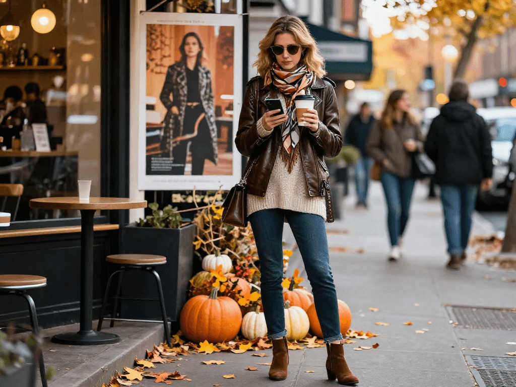 Stylish woman in leather jackets for women enjoying coffee in urban setting