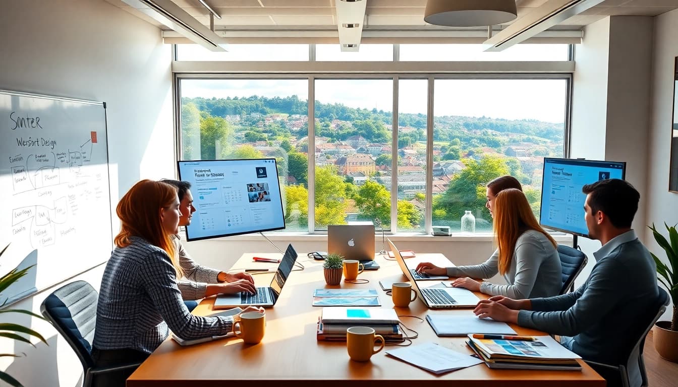 Designers collaborating on a Hereford website design concept in a modern office.