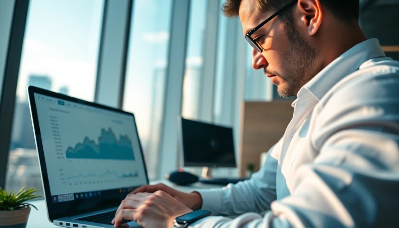 Analyze DE stock price trends with a financial analyst in a bright office setting.
