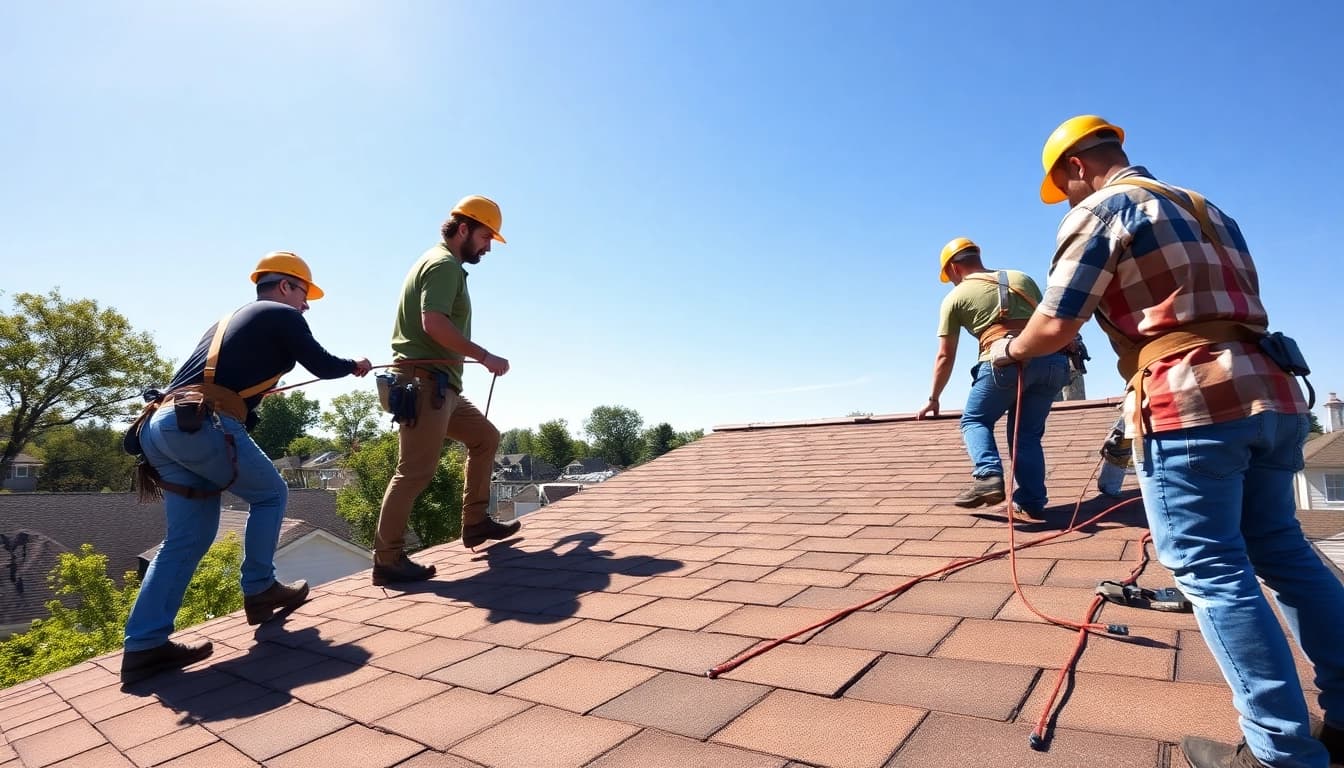 Roofing team from Twin Shield Roofing installing a new roof on a residential home in Egg Harbor Township.
